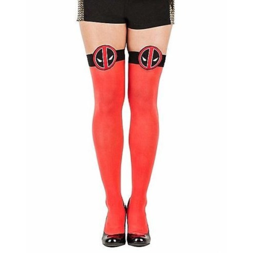 Deadpool 1 Pair Thigh High Socks Red Black Logo Womens Stockings Marvel Comics